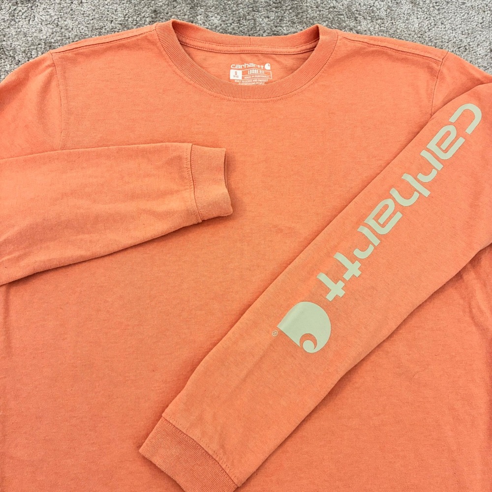Carhartt T Shirt Womens Small Loose Fit Orange Graphic Sleeve Logo Dearborn